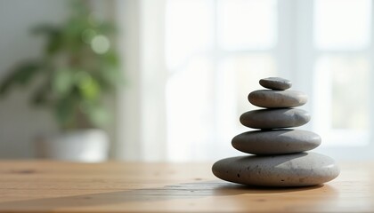 Balanced stack of smooth stones on wooden surface, symbolizing tranquility indoors