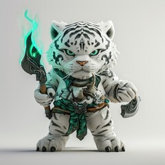 A fierce white tiger cub, clad in ornate armor on white background