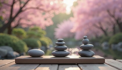 Balanced zen stones at sunrise in serene garden, tranquility and harmony concept