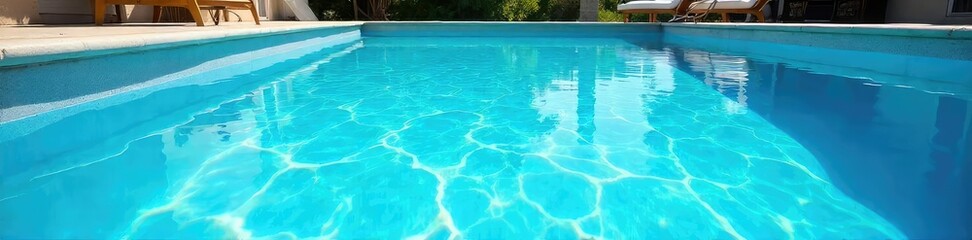 A refreshing blue swimming pool on a sunny summer day, shimmering under the bright sunlight, inviting a cool dip  Perfect for summer vacation and relaxation imagery , hotel, deck, summertime