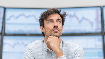 Obraz premium focused portrait of cryptocurrency trader deep in thought analyzing market trends on multiple screens