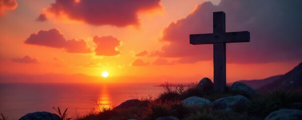 A serene depiction of a rustic wooden cross silhouetted against a vibrant sunset, symbolizing faith, hope, and redemption , holy, nature
