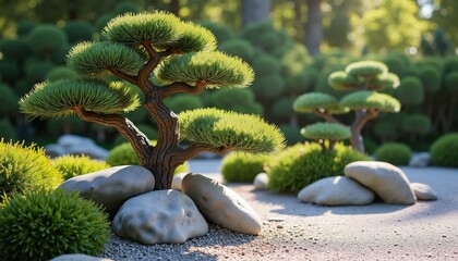 Beautiful bonsai tree in tranquil garden setting, perfect for nature relaxation themes
