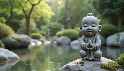 Peaceful monk statue in serene garden setting, tranquility and meditation symbol