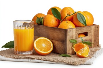 Fresh oranges in wooden crate, juice glass