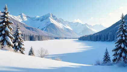 A serene winter landscape featuring a snow-covered forest, frozen lake, and distant mountains under a clear, crisp sky Perfect for winter holiday, travel, or nature themes , majestic, sky