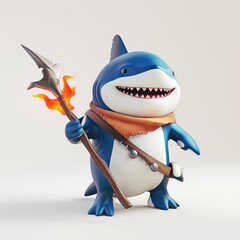 Adorable Cartoon Shark Warrior Holds Flaming Spear On White Background