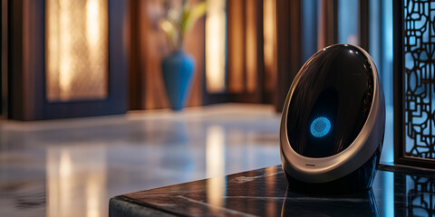 Smart Home Assistant Device, High-Tech Living Room, Connected Home Technology
