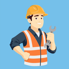 Construction Workers Male Character, Donned In Safety Gear, Holding Tools, Ready To Tackle Working Tasks With Determination And Teamwork. Cartoon People Vector Illustration.