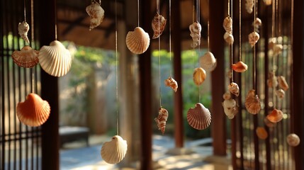 A decorative display of hanging seashells suspended from a wooden structure indoors with soft lighting
