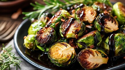 A close-up of a plate of roasted brussels sprouts with balsamic glaze and toasted almonds, garnished with rosemary sprigs