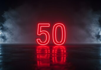 Neon Number 50 Glowing in Dark Smoky Atmosphere
