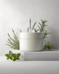 A white cosmetic jar displayed on a round stand with delicate white flowers around it.