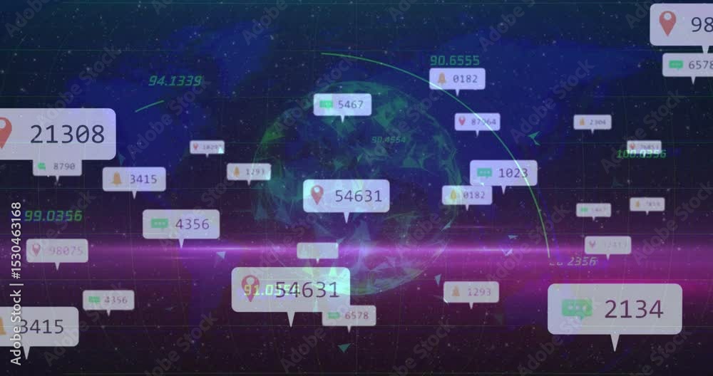 Poster data label appearing on rotating 3d globe with bubble labels popping tracing data flow, pink sweep