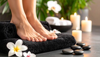 Relaxing Spa Pedicure Treatment Womens Feet on Towel.