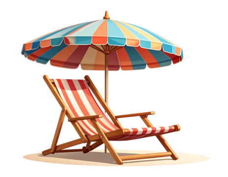 Colorful Beach Umbrella and Deck Chair, Vacation Concept, Isolated on White Background.PNG - Powered by Adobe