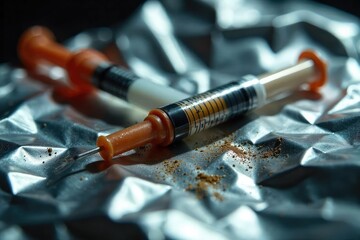 Close-up of a syringe lying on a crumpled foil, highlighting the harsh reality of heroin addiction and its paraphernalia , violence, societal problem