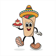 Vintage Burrito Cartoon Mascot Vector, Mexican Food Cartoon Characters