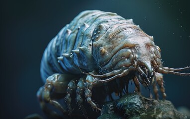 Aquatic Creature Crawls Over Dark Rock Surface On White Background