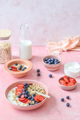 breakfast cereal with milk strawberries