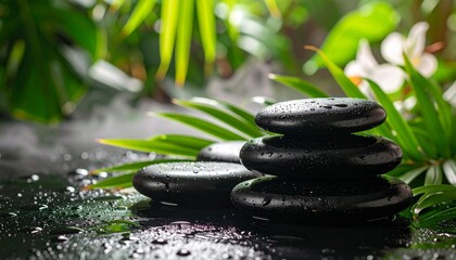 Tranquil Spa Scene with Stacked Black Stones and Lush Greenery.