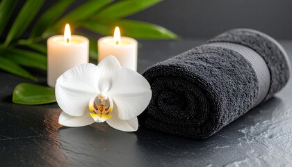 Serene Spa Still Life: White Orchid Candles and Black Towel.