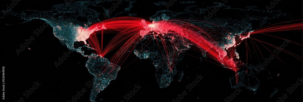 Aufkleber Network Map Displaying Red Threat Paths Originating From Phishing Links Across Global Regions With Open Right Layout