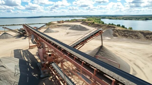 A vast industrial conveyor belt system processes and transports aggregate materials across a sandy quarry landscape, overlooking a tranquil lake under a bright summer sky