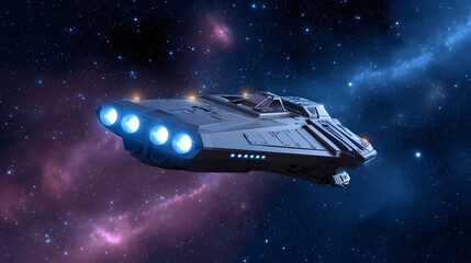 A sleek, advanced spaceship navigates through the vast, star-filled expanse of a cosmic galaxy, embarking on an ambitious mission to uncover the mysteries of the unknown universe.