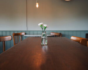 two fresh flowers on a long table in a cafe in Stockholm