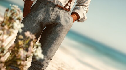 A man in gray pants and suspenders standing near flowers with the ocean in the background on a sunny day