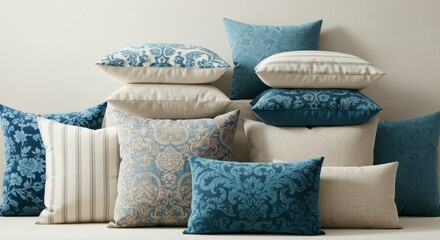 A curated collection of decorative pillows in varying shades of blue and beige, showcasing diverse patterns and textures