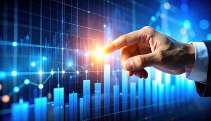 a 3D hand pointing to a glowing investment diagram, surrounded by virtual financial data and a metaverse trading interface. a very clear and sharp image.
