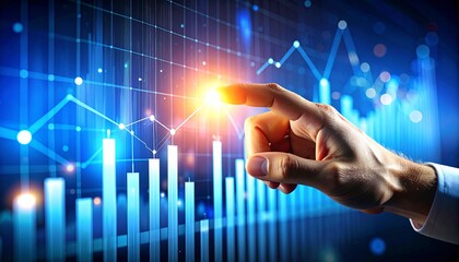 a 3D hand pointing to a glowing investment diagram, surrounded by virtual financial data and a metaverse trading interface. a very clear and sharp image.