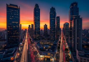 Obraz premium Aerial cityscape at sunset with skyscrapers and busy streets