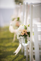 Coastal Aisle Flowers in Glass Jars at Newport Wedding