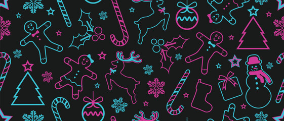 Christmas Outline Seamless Pattern. Neon Christmas and New year Holiday Repeatable  Decorative Elements Texture for Wallpaper, Gift Wrapping paper, Card or Banner Template or Fabric Textile Prints.