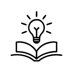 Open book with lightbulb icon above. Symbolizing knowledge, education, and new ideas.