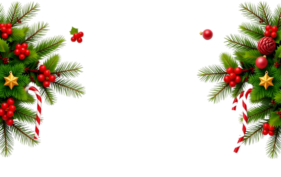 Christmas Border with Fir Branches, Ornaments, and Candy Canes on transparent  White Background

