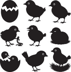 Baby Bird & Chick Silhouette Bundle – 10 Black Vector Designs – Hatchlings, Fluffy Chicks, Nestlings, Feeding, and More