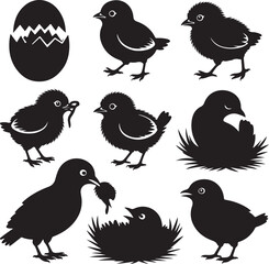 Baby Bird & Chick Silhouette Bundle – 10 Black Vector Designs – Hatchlings, Fluffy Chicks, Nestlings, Feeding, and More