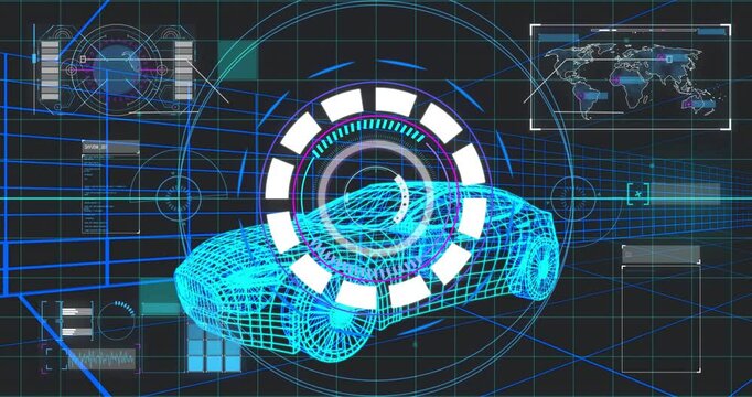 Initiating blue 3D wireframe car scan, spinning ring filling progress globe and map panels updating - Powered by Adobe