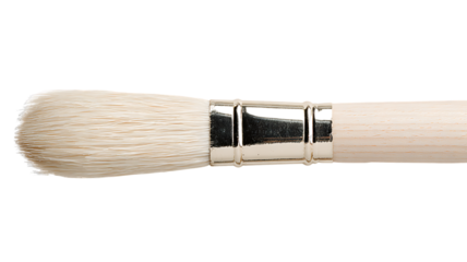 Close up studio shot of an artistic paintbrush with natural bristles and wooden handle  on transparent background