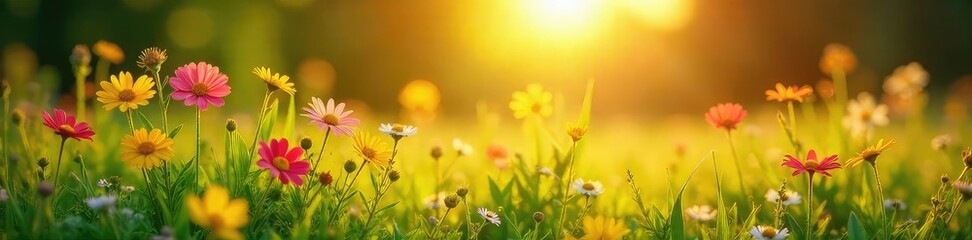 Fototapeta premium Golden hour sunlight bathes a vibrant summer landscape, illuminating wildflowers and lush green grass Perfect for summer, nature, and vacation themes , environment, meadow