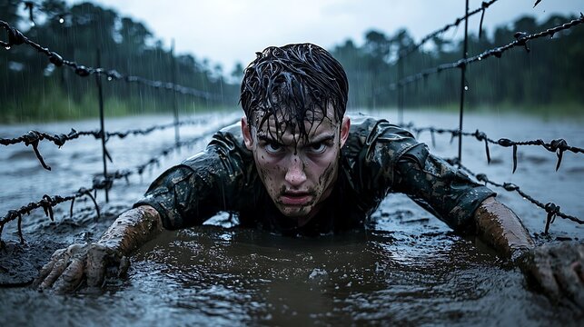 A muddy soldier crawling under barbed wire in the rain