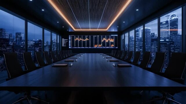 Night City Boardroom: Modern Corporate Meeting Space with Stunning View