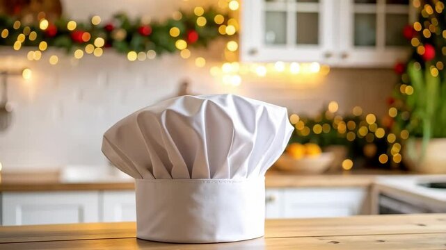 Chef's white hat on a rustic wooden kitchen table with festive garland, lights, and white cabinets background. Cooking, baking.