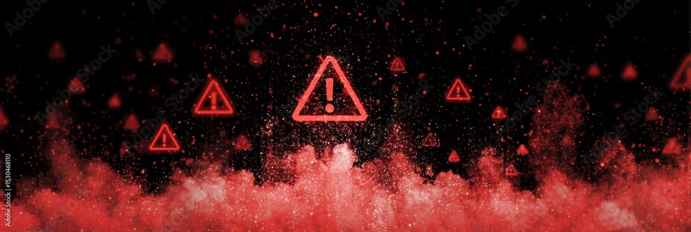 Poster Red Alert Exclamation Icons Emerge From Digital Mist Indicating Warnings or Notifications in a Dark Space