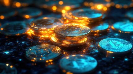 A pile of glowing bitcoins inside a high-tech digital wallet 