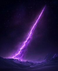 A bright purple celestial beam ascends above a dark landscape